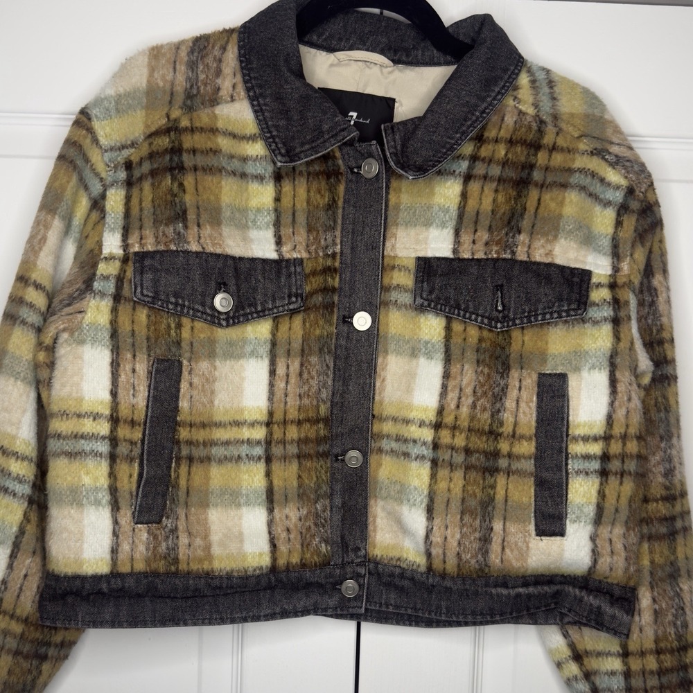7 For All Mankind Jacket Womens Large Brown‎ Plaid Fleece Denim Trim Short